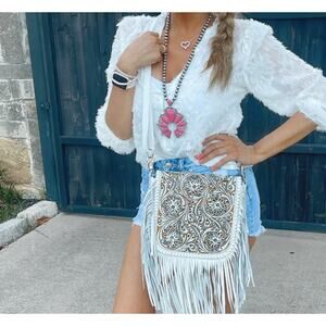 Boho Ranch Lexie Crossbody- White - Lasercut Fringe Crossbody Purse